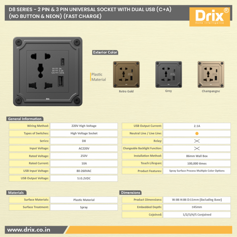 D8 2 PIN ,3 PIN UNIVERSAL SOCKET WITH DUAL USB - Image 2